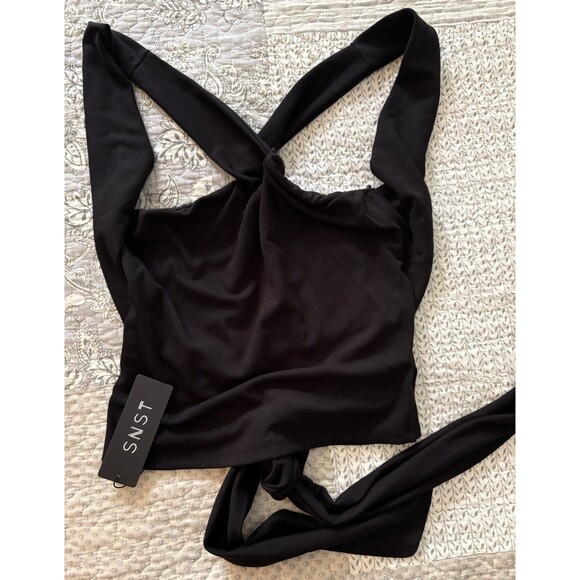NWT- SNST Black Wide V Long Sleeve Wrap Tie Front Crop Top - Picture 2 of 4